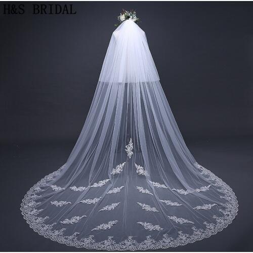 H&S BRIDAL Ivory veil 3.5M Cathedral Length Lace Edge Bridal Head Veil With Comb Long Wedding Veil Accessories velos de novia