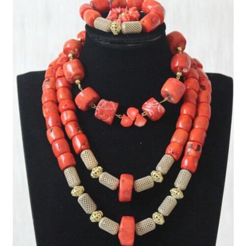 Dudo African Bridal Jewelry Set Choker Three Layer 13-25mm Orange Coral Beads Nigerian Wedding Necklace Set Dubai Fine Jewellery