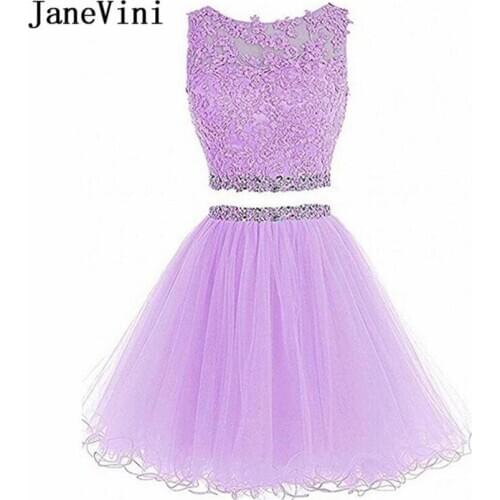 JaneVini Lavender Tulle Short Homecoming Dresses with Beading Crystal 2 Pieces Lace Appliques Party Prom Gowns sukienka z tiulem