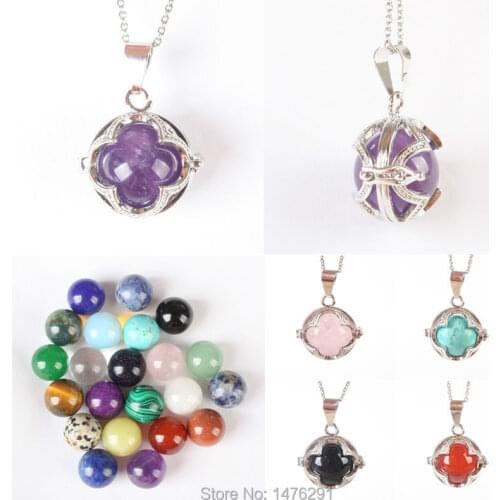 Opal Onyx Rose Pink Quartz Howlite Stone Carnelian Jades Lapis Round Bead Hollow Out Alloy Locked Clover Pendant 1PCS (No Chain)