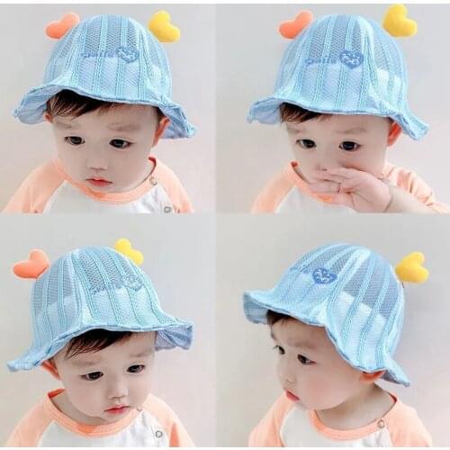 2021 Summer Newest Baby Fisherman Hat Boys Girls Net Cap Cute Heart Kids Basin Bucket Cap Outdoor Beach Sunshade Cap 3-12 Months