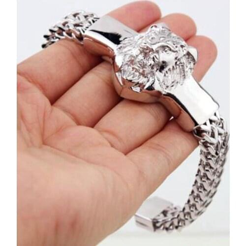 Fashion Domineering High Quality Stainless Steel Chain Golden Lion Head Punk Bracelet Mens Jewelry Gift