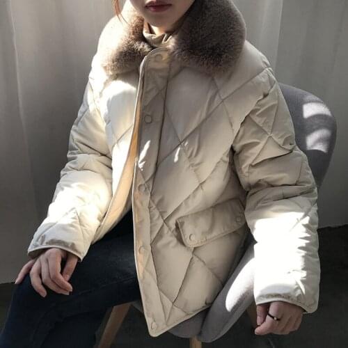Trendy New Winter Women Down Coat Natural Fur Collar Loose Thick Warm Parka Vogue White Duck Down Snow Jacket Outwear