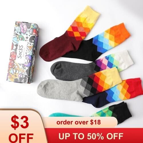 6Pairs/lot Mens dress happy socks novelty gifts box for men long argyle pattern funny colorful Man