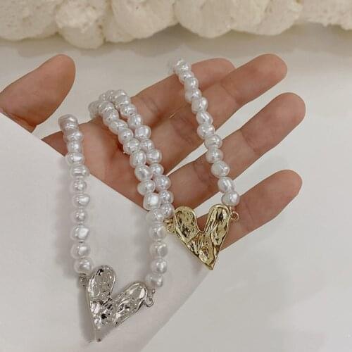 Origin Summer French Vintage Love Heart Choker Necklace for Women Girl Simulation Pearl Beaded Gold Color Metal Necklace Jewelry