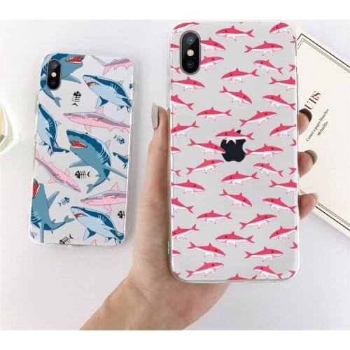 Cute cartoon shark animal Pink blue Phone Case Transparent Clear for iPhone 11 12 mini pro XS MAX 7 8 6 6S Plus X 5S SE 2020 XR