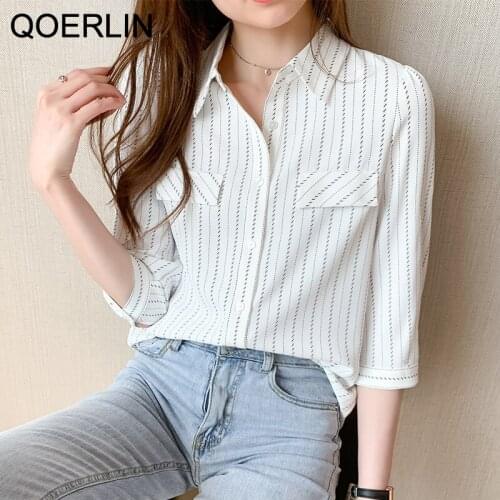 QOERLIN Vertical Stripes Summer Blouses Shirts Female Half Sleeve Shirts Elegant Office Ladies Button Up White Tops Plus Size