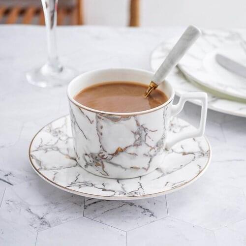 Luxury matte ceramic marble tea coffee Cups and with wood Saucers inlay On-glazed Advanced ceramic cups
