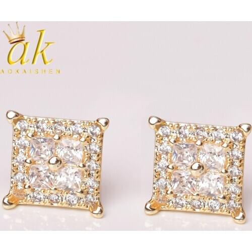 Square Baguette Jewelry Stud Earring Back Charm Screw Back Women Men Gold Color Charm Jewelry Fashion Hip Hop Rock Street