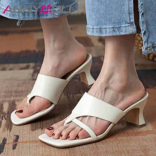 ANNYMOLI Women Slippers Shoe Genuine Leather Sandals Flip Flop Med Heel Slides Stiletto Sandals Square Toe Lady Footwear Summer