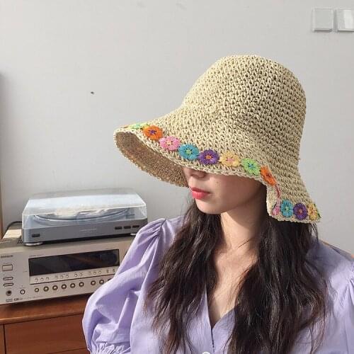 2021 Handmade Raffia Bow Sun Hat Wide Brim Floppy Summer Hats For Women Beach Panama Straw Dome Bucket Hat Femme Shade Hat