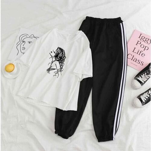 Vintage sweatpants 2 piece set women summer trousers women 2021and short sleeve top female Girl print trendy clothes for ladies