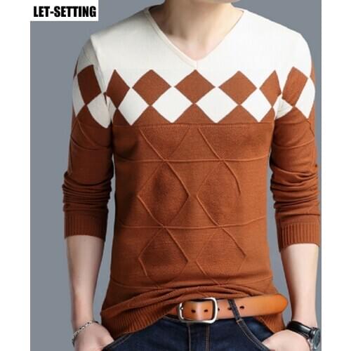 Korean autumn winter argyle pattern v-neck pullover cashmere wool sweater knit bottoming slim fit pullovers shirt men