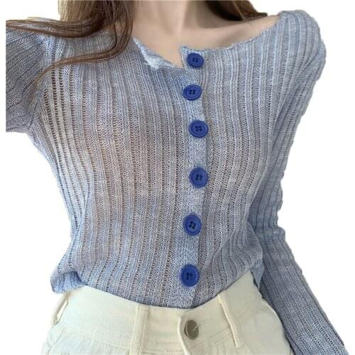 Womens Thin Sweater Cardigan Coat Spring Summer Long-Sleeved Single-Breasted Knitted Sweater Sun Protection Clothing Tops W377