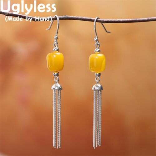Uglyless Multi Chains Tassels Earrings for Women Elegant Natural Gemstones Earrings Chicken Oil Beeswax Amber Brincos 925 Silver