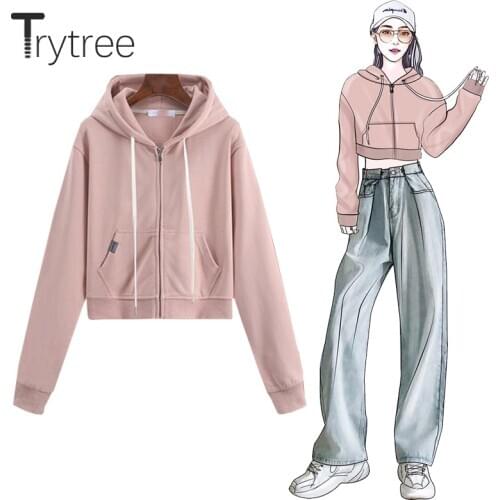 Trytree 2020 Spring Autumn Casual Womens Hoodies Drop-shoulder Pockets Zip Jacket Cotton Blend Streetwear Short Tops for Women