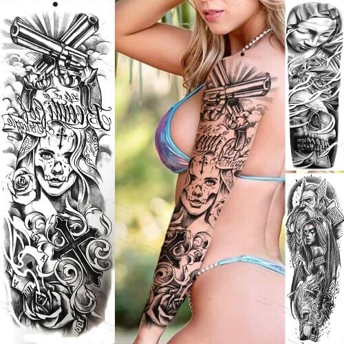 Super Large Sexy Girl Long Sleeve Temporary Tattoos For Women Men Flower Black Tatoos Sticker Realistic Fake God Angle Tattoos
