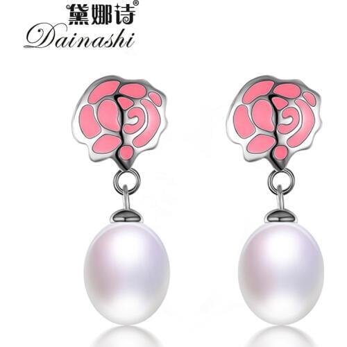 Dainashi High Quality 925 Sterling Silver Pink Rose Drop Earrings 100% Genuine Natural Freshwater Pearl Earrings for Women