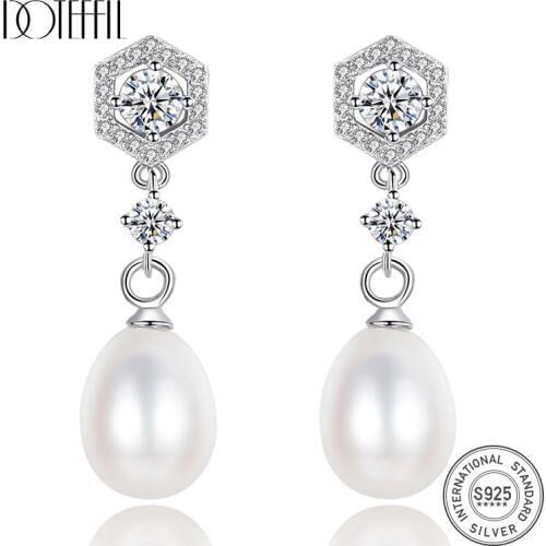 DOTEFFIL New Earrings Genuine Natural Freshwater Pearl Real 925 Silver Zircon Inlay Earrings Pearl Jewelry Women Christmas Gift