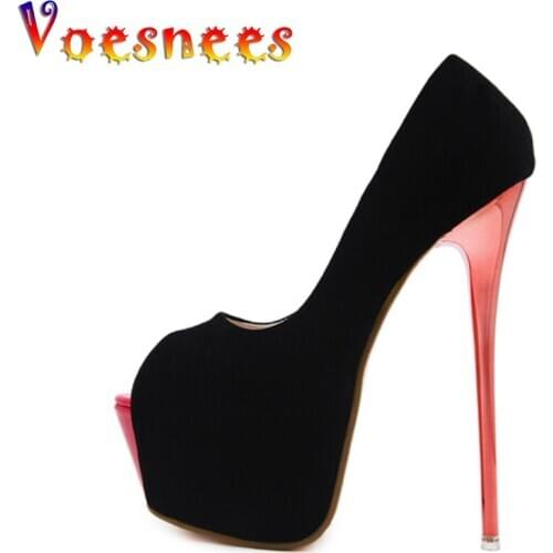 Voesnees 2021 Flock Women Shoes Sexy Platform 16Cm High Heels Pumps Stiletto Red Bottom Peep Toe Female Party Shoes feminino