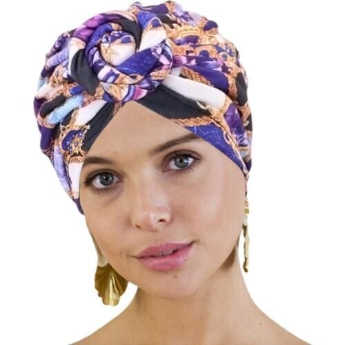 Women Headwrap Ladies Head Scarf Printed Knot Cotton Headwear African Pattern Beanie Pre-Tied Bonnet Chemo Cap Hair Loss Hat