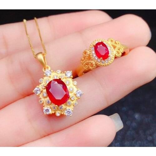 Palace Style Jewelry Set Yellow Gold Filled Simulation Ruby Open Ring Women Pendant Necklace Set