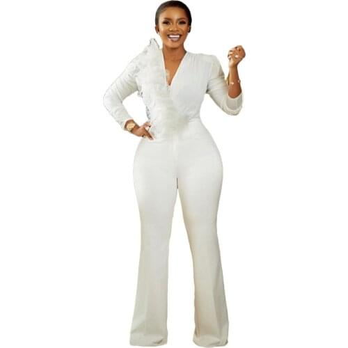 Formal Women Jumpsuit 2021 Summer Solid Fashion V- Neck Long Sleeves Lace Patchwork Slim Waist Casual Rompers New Arrivals S-3XL