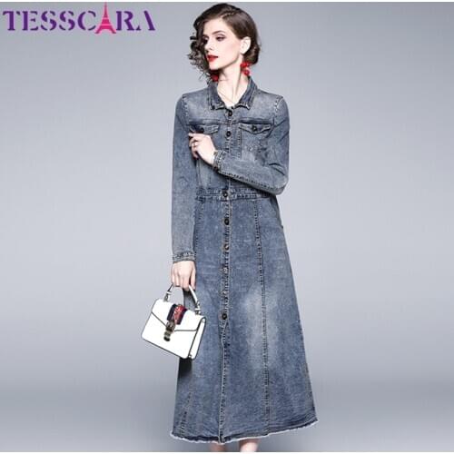 TESSCARA Women Autumn & Winter Elegant Denim Dress Shirt High Quality Long Vintage Party Robe Femme Designer Casual Vestidos