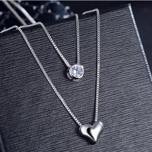 ANENJERY 925 Sterling Silver Necklace Double Layer Chain Zircon Heart Pendants Necklaces For Women kolye Choker S-N157