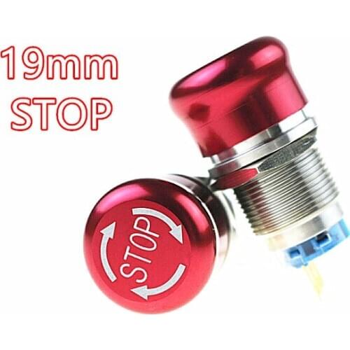 1pcs 19mm STOP Pattern Waterproof Flat Round Stainless Steel Metal Emergency Stop Button Switch Push Lock Turn Reset Colour Red