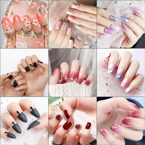 24PCS Fashion Long Fake Nails Tips Oval Gradient Render Japanese Kimono Cherry Flower Decorated Lovely Flase Nail For Girl Lady