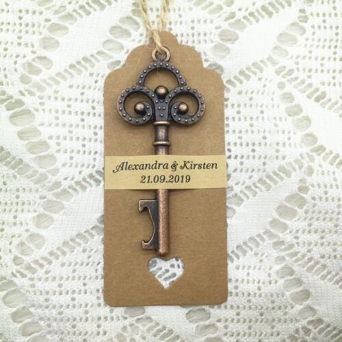 50pcs/lot Wedding Souvenirs Party Gifts for Guests Copper Color Skeleton Key Beer Bottle Opener with Personalized Sticker Cards