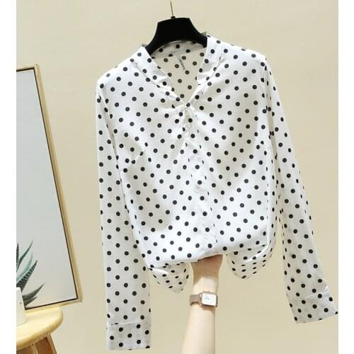 Long Sleeve Dot Chiffon Blouse Shirt Blouse Women Blusas Mujer De Moda 2021 V-Neck Office Blouse Tops Women Clothing Blusa E57
