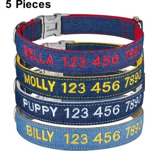 Nylon Jeans Cloth Embroidered Solid Color Basic Dog Collar Padded Personalized Custom ID Tag Adjustable Quick Release All Season