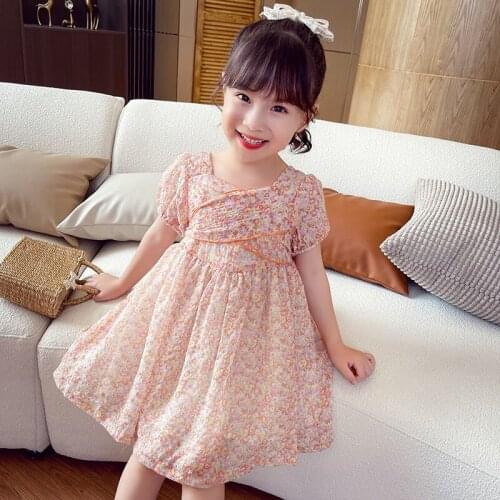 Elegant Girls Dresses 2021 Summer New Child Floral Cross Belted Chiffon Short-Sleeved Princess Dress 2-6 Year Kids Clothing