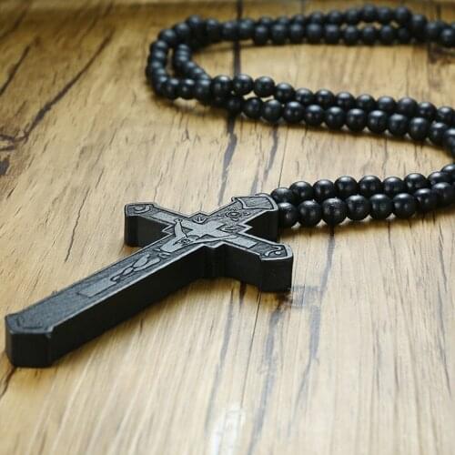 Vnox Big Wood Catholic Jesus Cross Pendant for Men Necklace Wooden Beads Chain Carved Long Rosary Collier Statement Male Jewelry