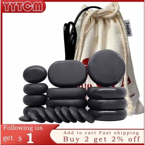 Tontin 20pcs/set Hot Stone Massage Set Heater Box Relieve Stress Back Pain Health Care Lava Basalt round massage tool Stones