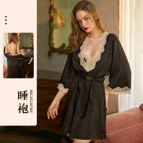 New Womens Sexy Bathrobe suit (Robe+braces skirt+T-Underpants)Lace nightdress night-robe satin face Sexy lingerie home clothing