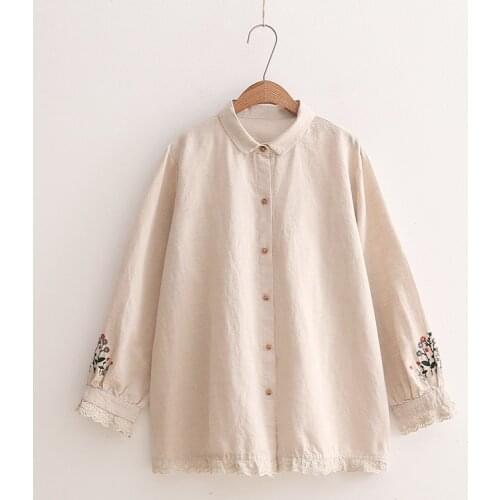 Peter Pan Collar Flowers Embroidery Lace Edged Long Sleeve Cotton Single Breasted Shirt Blouse