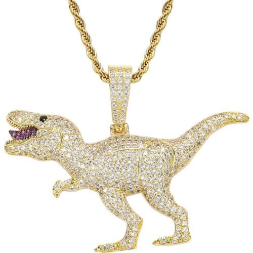 Iced Out Dinosaur Pendant 5A Micro Pave Zircon Necklaces Hip Hop Jewelry For Men Women