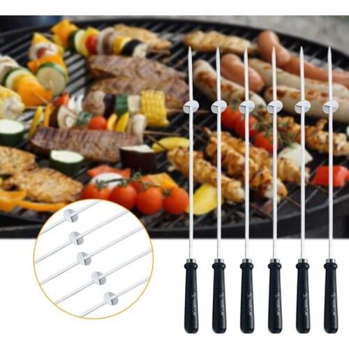 6pcs BBQ Skewers Stainless Steel Wide BBQ Kabob Sticks with Food Remover Ring Portable Brazilian Kebab Rotisserie Maker 52cm