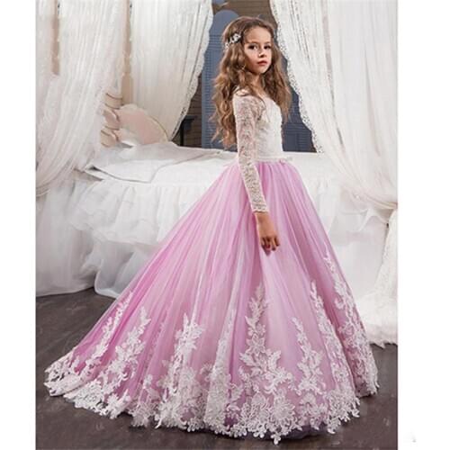 Communion Dresses White and Purple Long Sleeves Charming Lace Appliques Princess Communion Dresses Pageant Ball Gowns For Girls