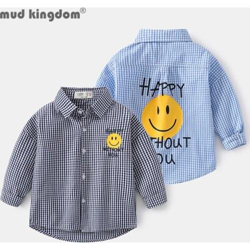 Mudkingdom Kids Plaid Shirts Smiley Long Sleeve Turn-down Collar Letter Print Casual Tops for Boys Fashion Clothes Spring Autumn