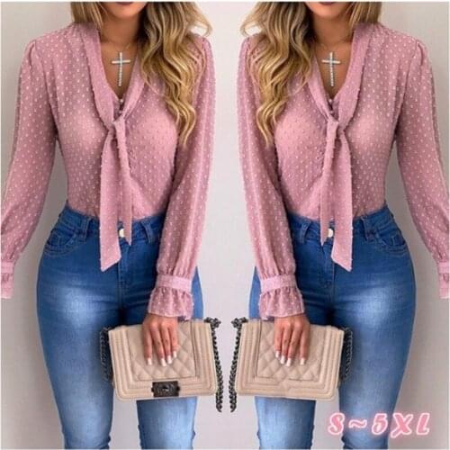 Chiffon Shirt Female 2020 Summer Fashion Button Tie Long Sleeve V-neck Pink Shirt Office Shirt Slim Casual Shirt Plus Size