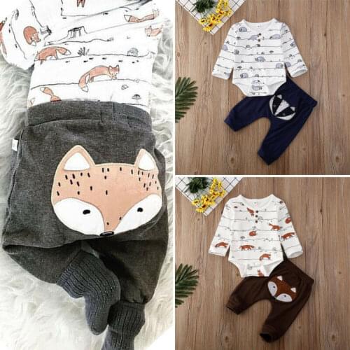 US Newborn Baby Boy Girl Fox print Tops Romper Long Pants Autumn Outfits Clothes
