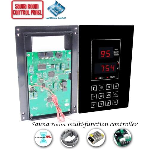 C/F Temperature Unit Cutover 99 Hours Countdown Sauna Room Thermostat for 4.5KW 30A Fan, Light, Radio, MP3 Output