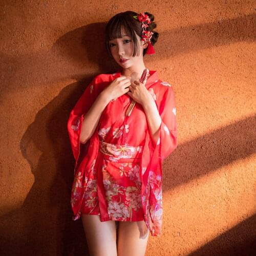 Japanese clothing High-end Retro kimono red printed chiffon sexy uniform Bowknot decoration woman erotic cosplay adult game