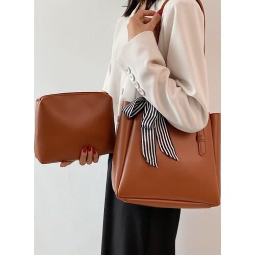 Vintage Big Tote Bags for Women Roomy Bow-knot Scarves Shopper Bag Large Soft Leather Handbag Set Female Casual Shoulder Bag Sac
