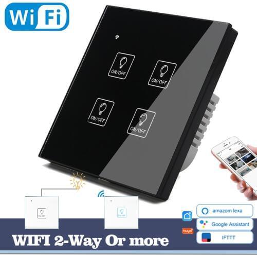 WIFI Touch Light Icon Wall Switch Black Glass Blue LED Universal Smart Home Phone Control 4 Gang 2 Way relay Alexa Google Home