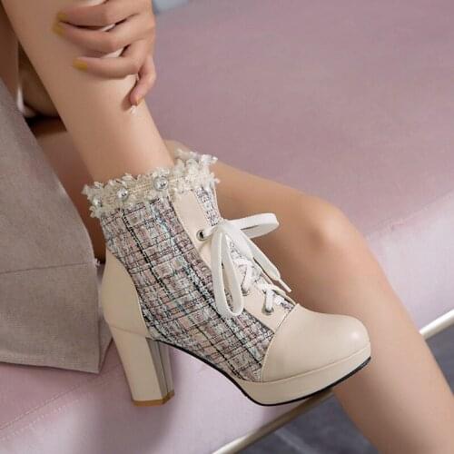 YQBTDL Fashion Sweet Women Boots High Heels Studded Tassel Ruffles Party Cute Lolita Shoes Platform Black Cross Tied Ankle Boots